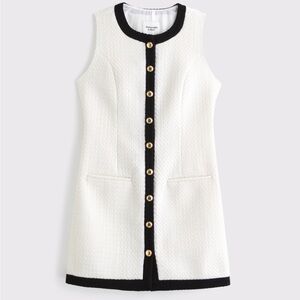 Abercrombie & Fitch White Sleeveless Tweed Shift Dress with Black Trim